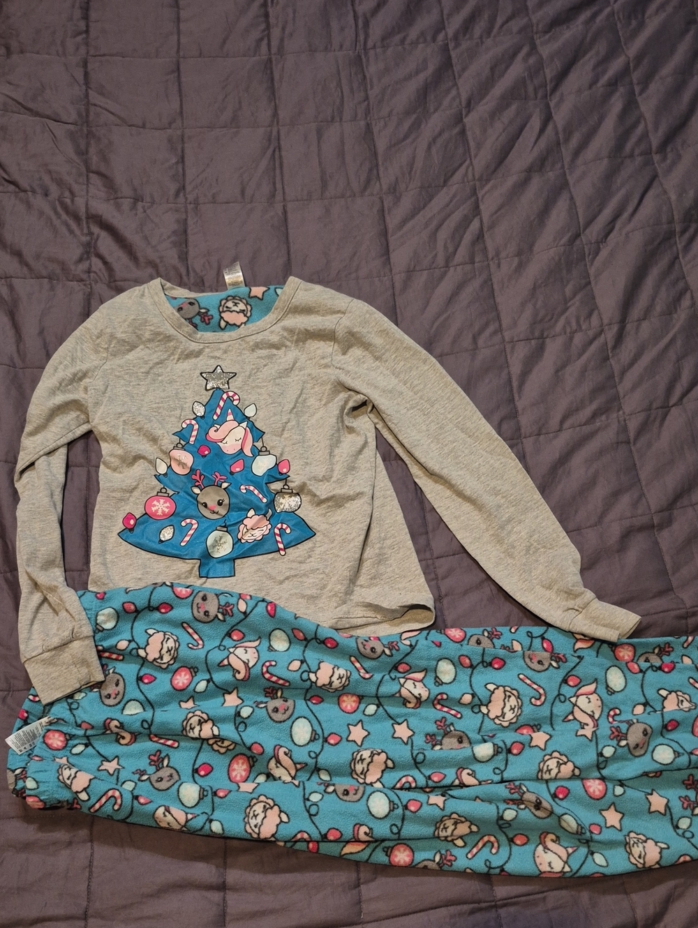 Gray Top with Christmas Tree & Greeb Printed Pants Pajama Set